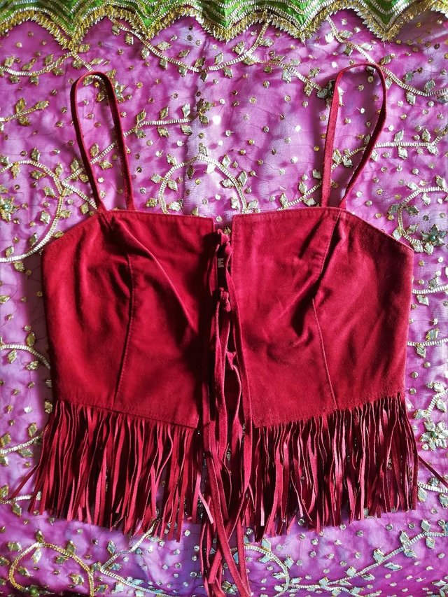 Preview of the first image of TOMMY HILFIGER Red Suede Leather Fringe Top 3 Laced Ties.