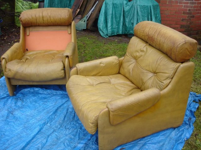 Preview of the first image of VINTAGE PAIR OF 70s RETRO LEATHER ARMCHAIRS Jack Hargreaves.