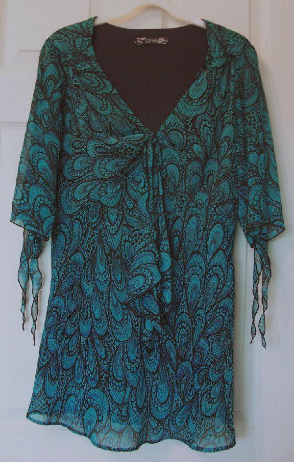 Preview of the first image of LADIES TEAL PATTERN DRESS/TOP BY JOANNA HOPE -SZ 14  B10.