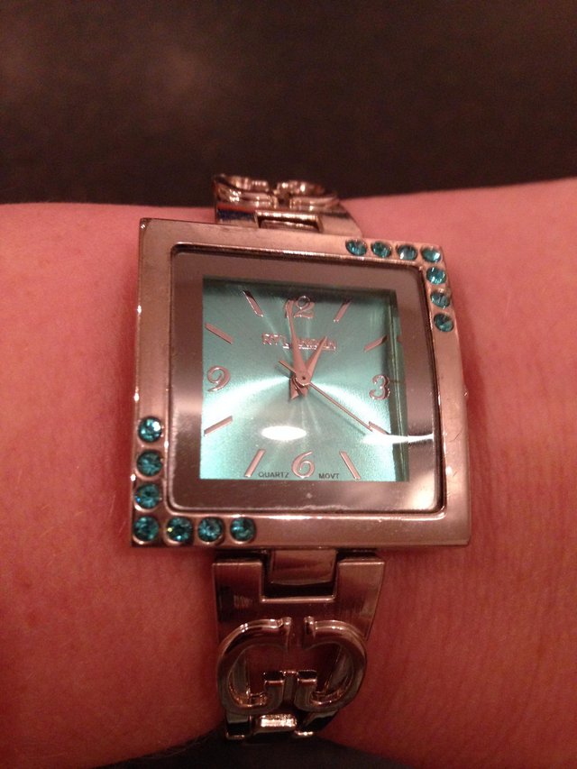 Preview of the first image of NY London silver watch with turquoise diamanté.