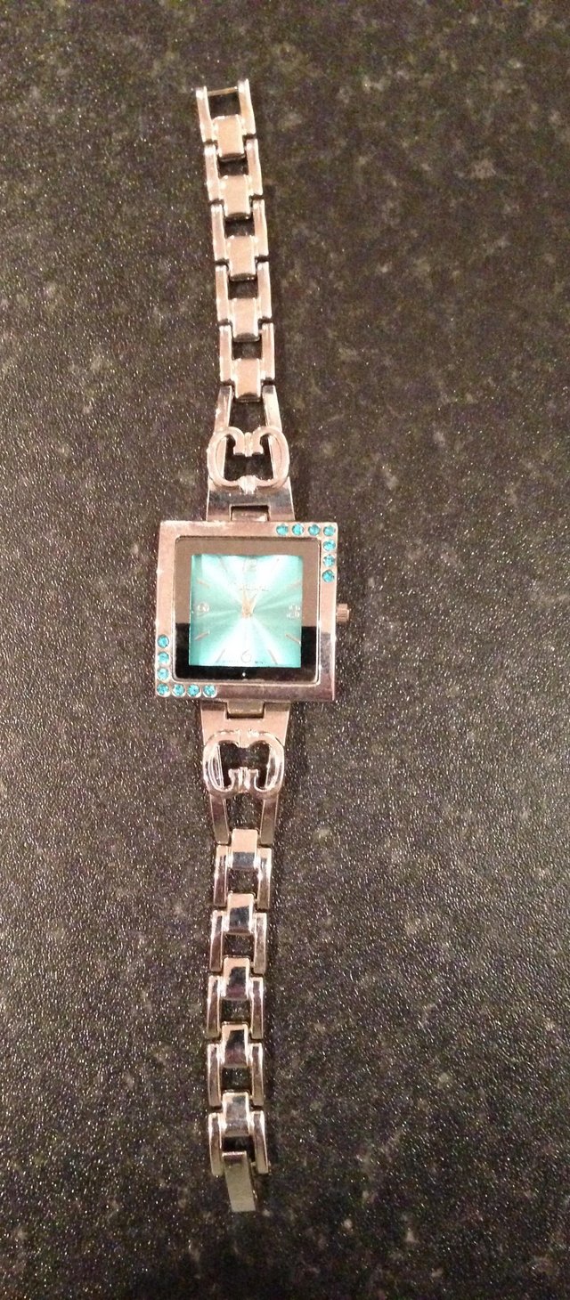 Image 2 of NY London silver watch with turquoise diamanté