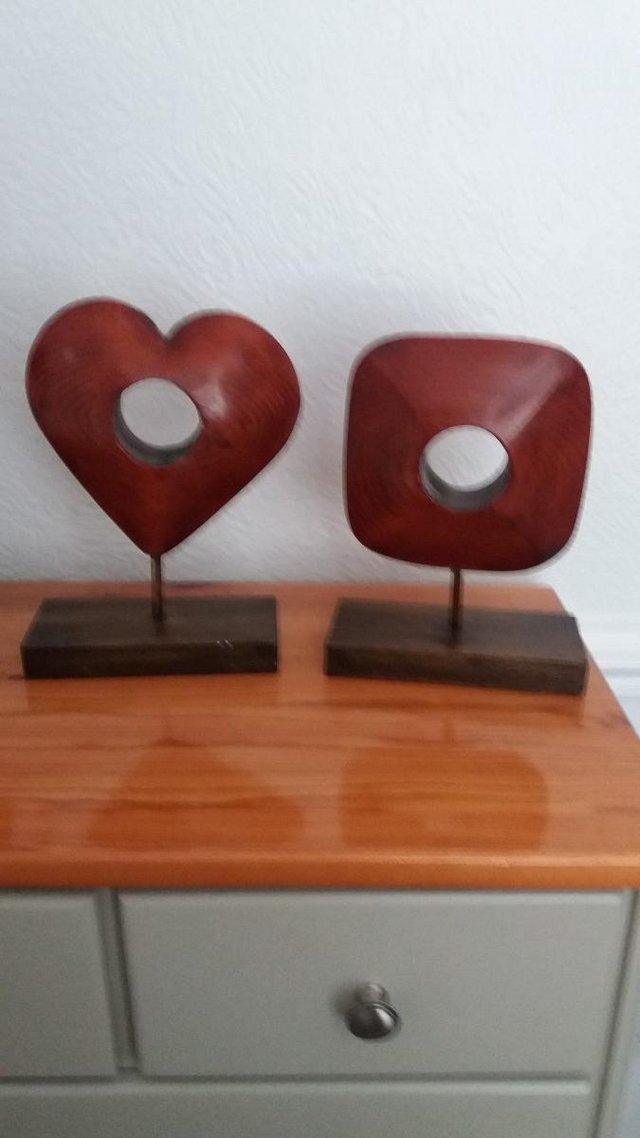 Preview of the first image of 2 Wooden Sculptures - Heart & Square.