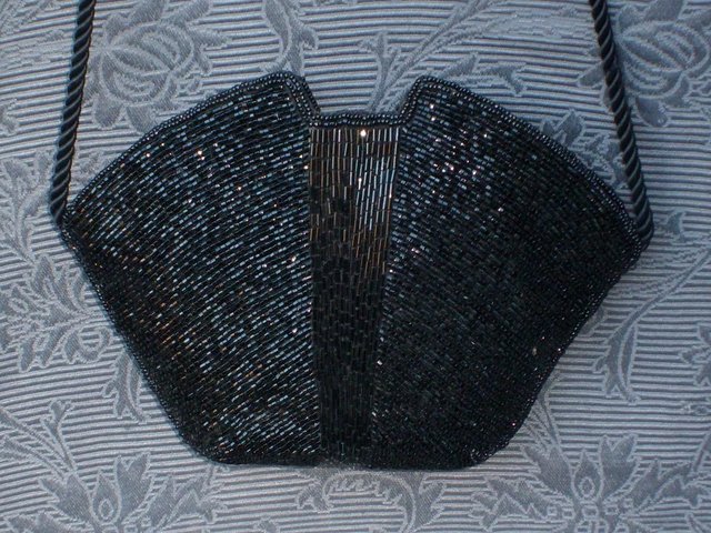 Preview of the first image of Vintage/Art Deco Look Black Beaded Shell Bag.