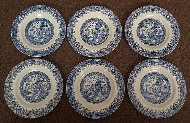 Preview of the first image of 6 Vintage Collectable Blue "Willow" design Side Plates.