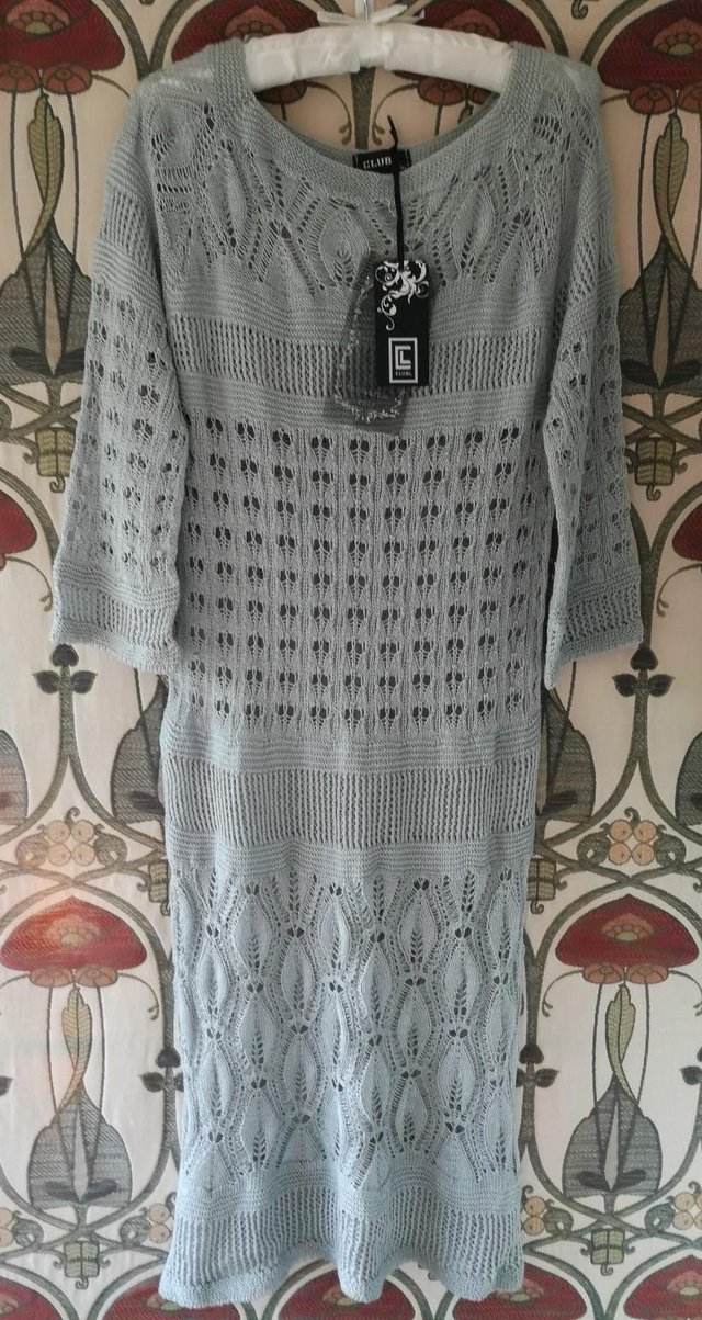 Preview of the first image of BNWT 2 CROCHET KNITTED JUMPER DRESSES Grey Boat & Round Neck.