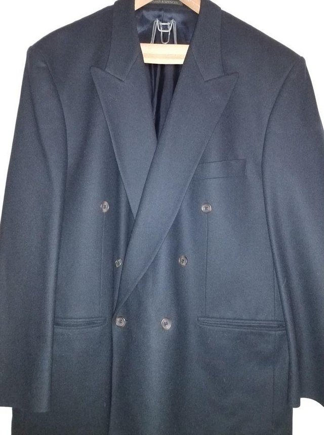 Preview of the first image of M & S Wool + Cashmere Double Breasted Navy Jacket 48" short..