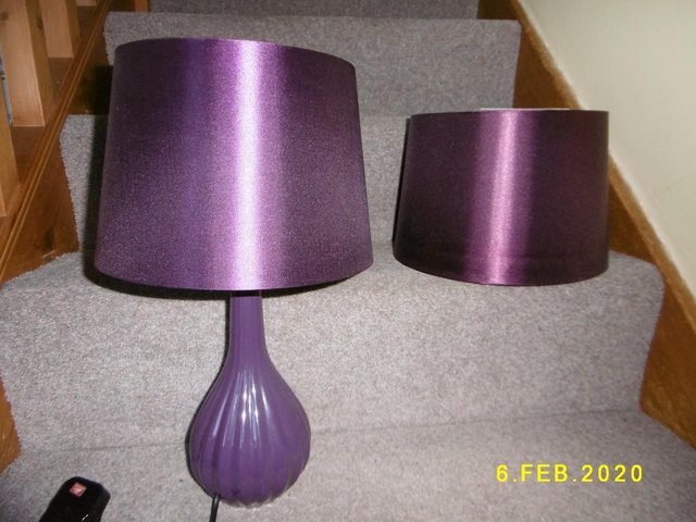 Preview of the first image of Purple bedside lamp and matching shade.