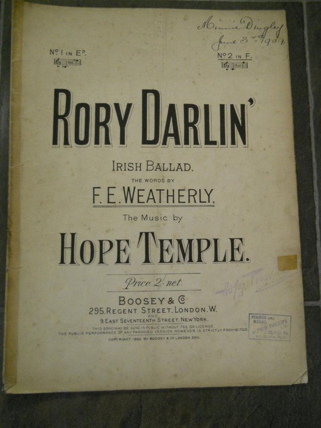 Preview of the first image of Vintage Sheet Music Rory Darlin' Irish Ballad.