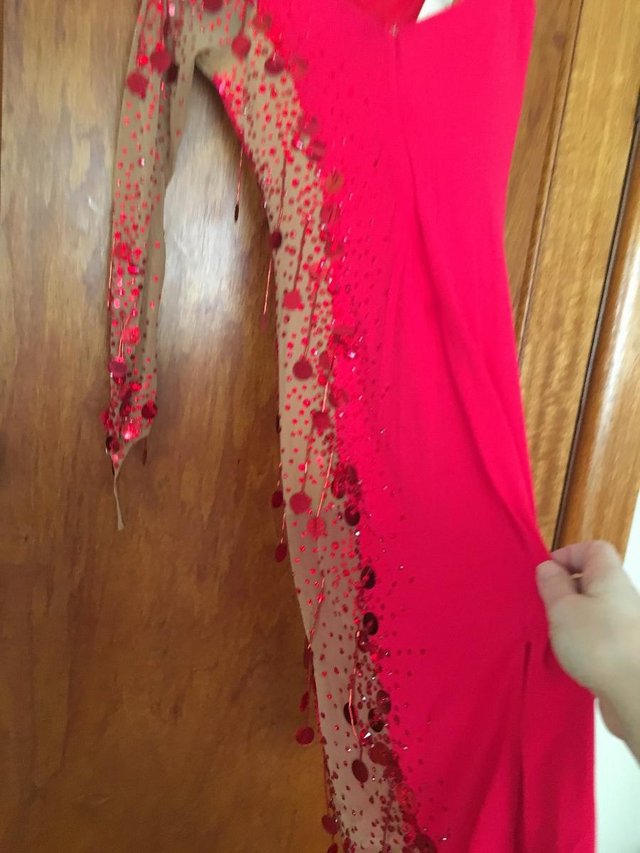 Image 2 of Competition Red/Nude flesh off shoulder Latin dress (size10)