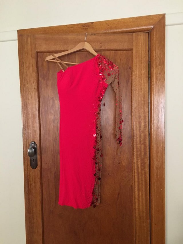 Image 3 of Competition Red/Nude flesh off shoulder Latin dress (size10)