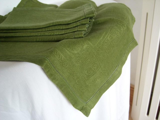 Preview of the first image of Set of 5 Vintage Green Damask Napkins.