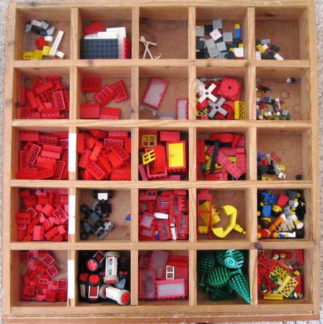 Preview of the first image of Large collection of Vintage Lego in wooden sectioned boxes..