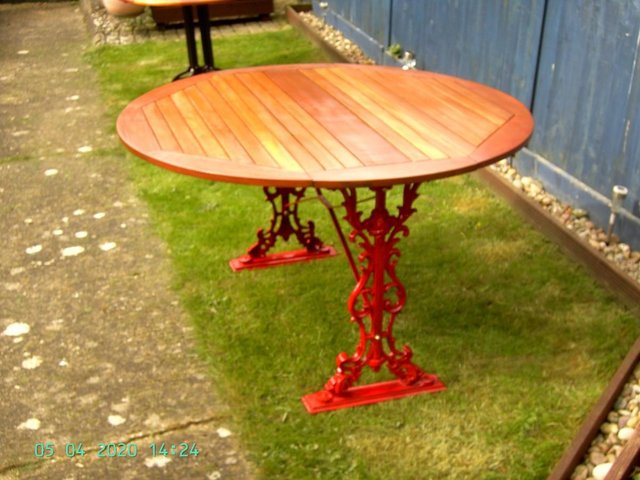 Image 2 of (53) Cast Iron & Wood Drop Leaf Table