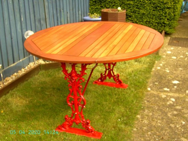 Image 3 of (53) Cast Iron & Wood Drop Leaf Table