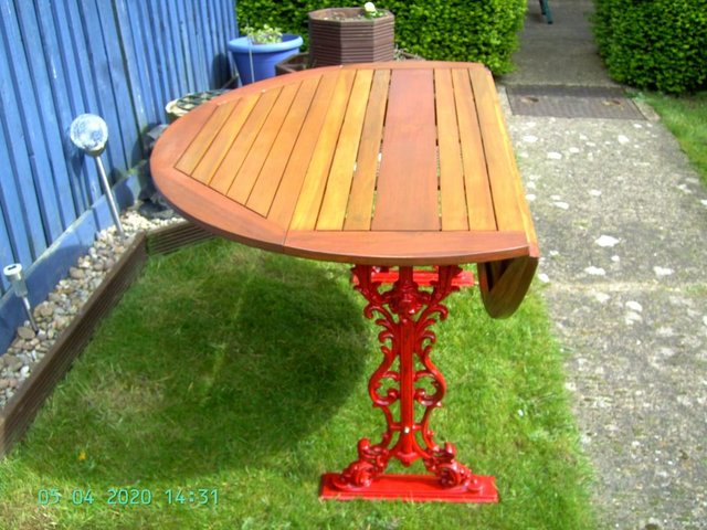 Image 4 of (53) Cast Iron & Wood Drop Leaf Table