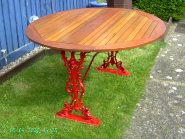 Image 5 of (53) Cast Iron & Wood Drop Leaf Table
