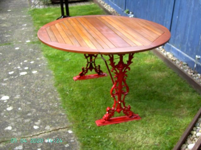 Image 6 of (53) Cast Iron & Wood Drop Leaf Table