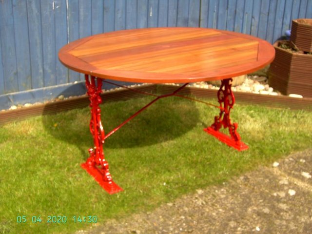 Image 7 of (53) Cast Iron & Wood Drop Leaf Table