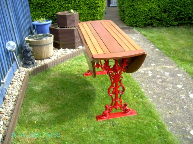 Image 8 of (53) Cast Iron & Wood Drop Leaf Table