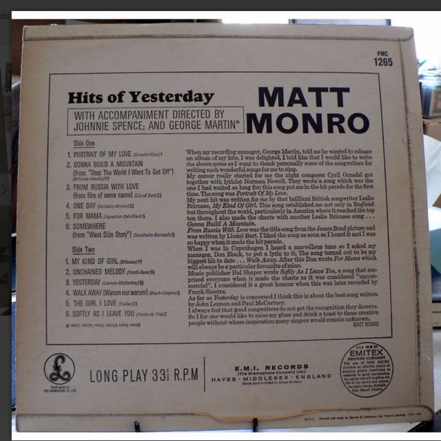 Image 2 of Matt Monro - Hits of Yesterday, Mono, 1965