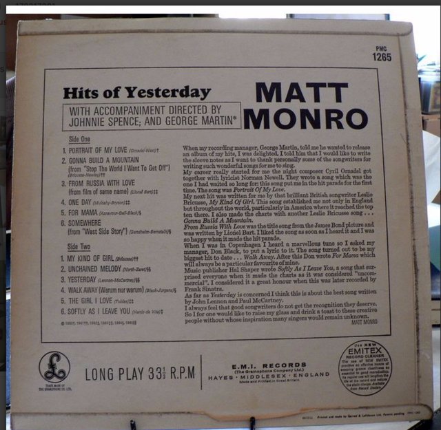 Image 2 of Matt Monro - Hits of Yesterday, Mono, 1965 Parlophone EMI
