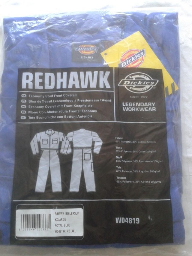 Preview of the first image of New Sealed Dickies Redhawk Blue overalls, XXL / 52".