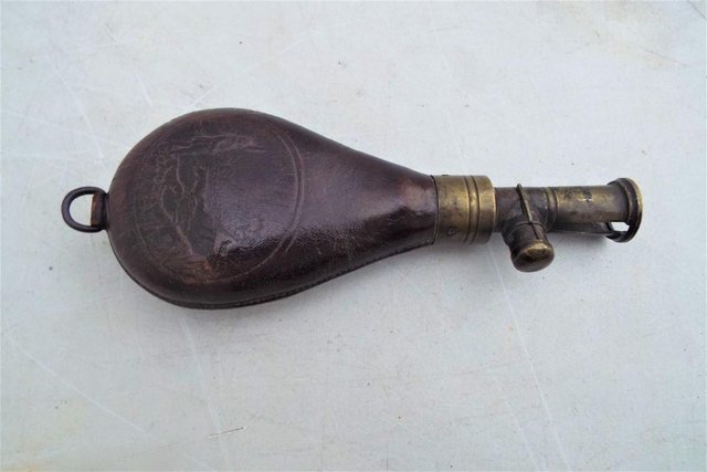 Image 3 of Rare Antique Leather & Brass Shot Flask