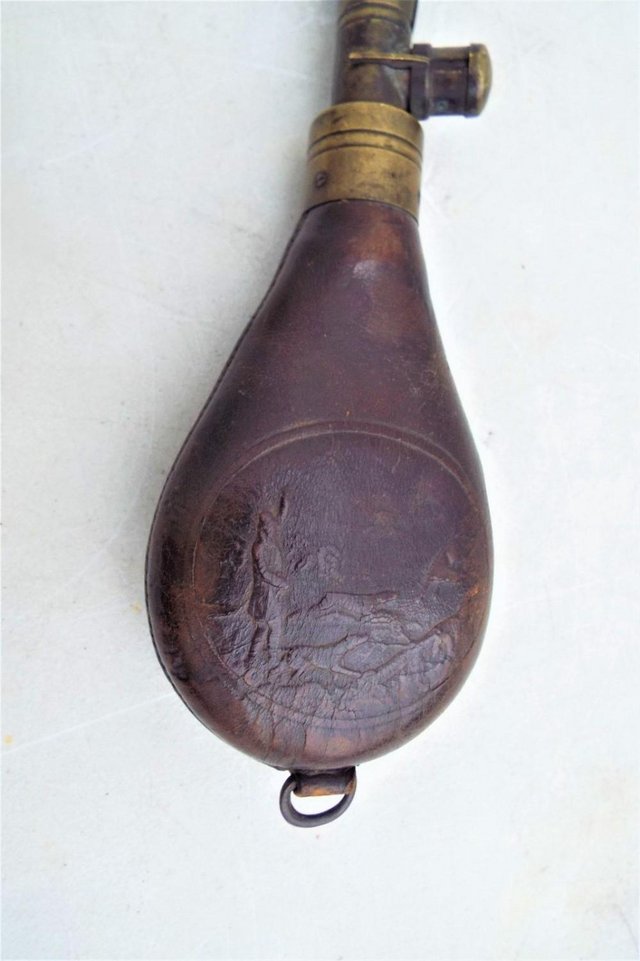 Image 6 of Rare Antique Leather & Brass Shot Flask