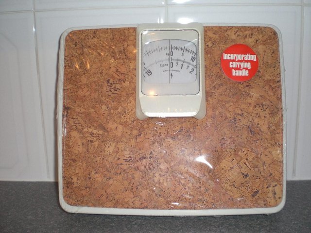 Preview of the first image of Brand new factory sealed white and cork bathroom scales.