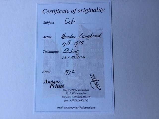 Image 3 of Original Signed Etching of Two Cats by Maarten Langbroek