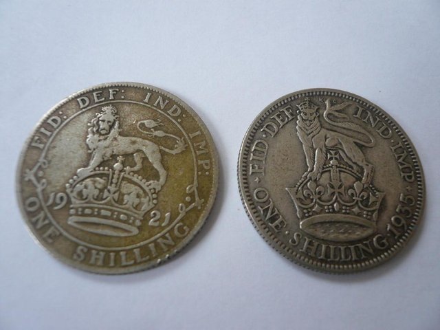 Preview of the first image of 2 GEORGE V SILVER SHILLINGS, 1921 & 1935.