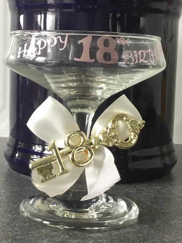 Preview of the first image of 18th Birthday celebration drink glass for keep sake.