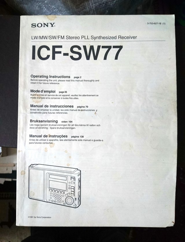 Preview of the first image of Sony SW77 Radio Owners Manual (Only).
