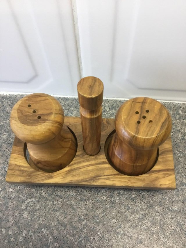 Image 2 of New Olive wood salt and pepper pots in stand