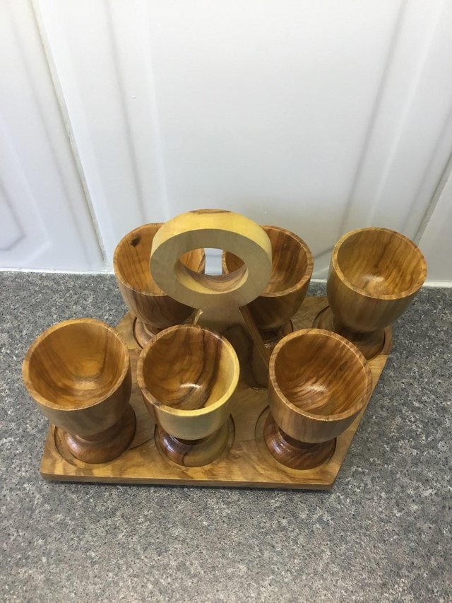 Image 2 of Olive wood set of 6 egg cups on carrying stand