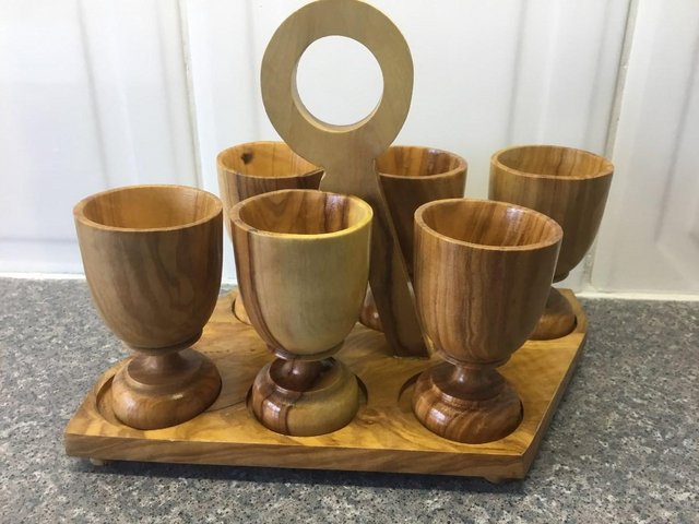 Image 3 of Olive wood set of 6 egg cups on carrying stand