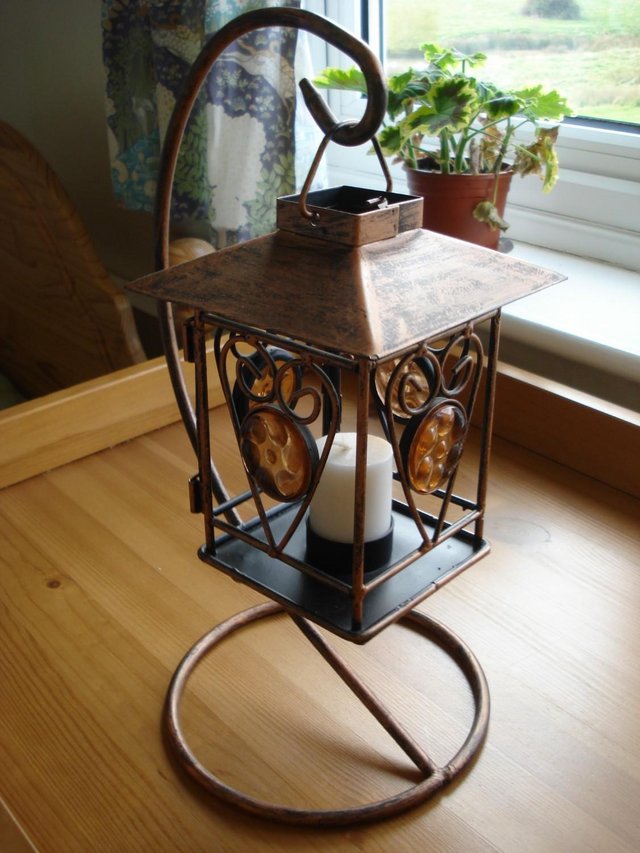 Preview of the first image of NEW ANTIQUE BRONZE-EFFECT HANGING JEWEL CANDLE LANTERN.