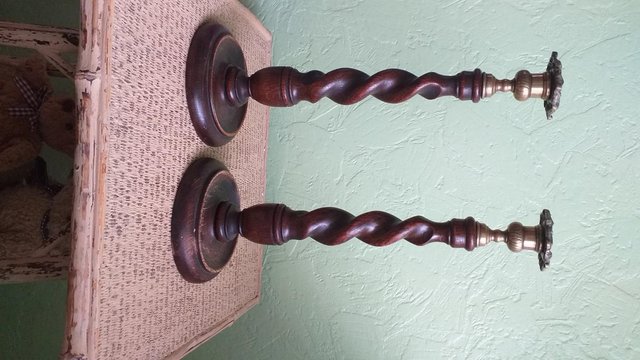 Preview of the first image of Vintage wooden Candlesticks with barley twist design.