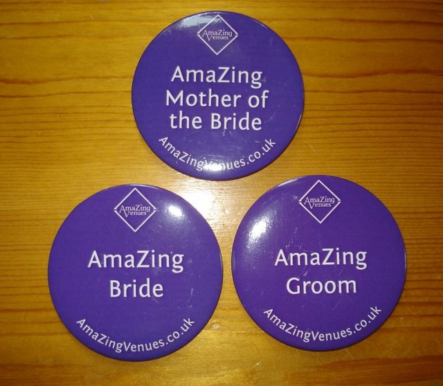 Preview of the first image of NEW 3 x 3” WEDDING BUTTON BADGES FOR BRIDE, GROOM & MOTHER.