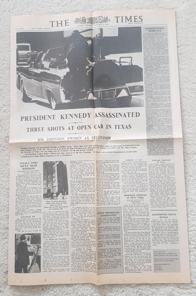 Preview of the first image of The Times Broadsheet Newspaper 1963 - JFK Assasination.