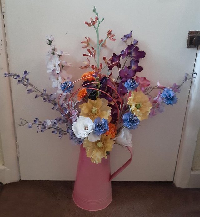 Preview of the first image of Beautiful Cottage Garden Flower Arrangement In Enamel Jug.