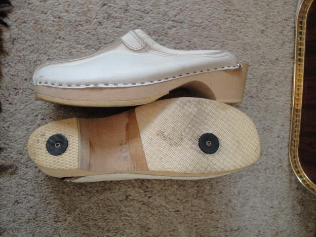 Image 2 of New Wooden Clogs with White Leather Uppers Size 10