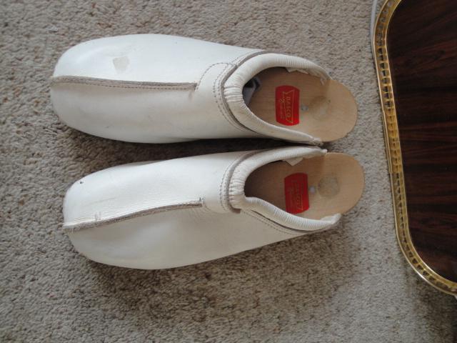Preview of the first image of New Wooden Clogs with White Leather Uppers Size 10.