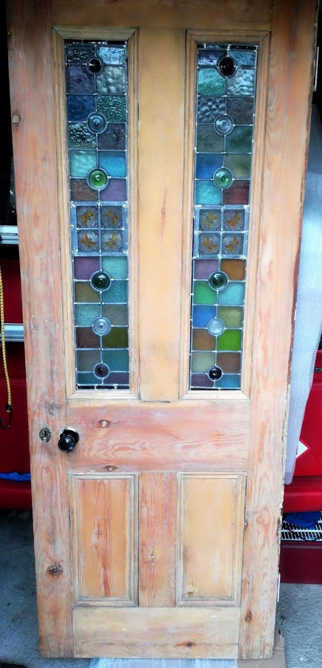 Preview of the first image of VINTAGE Stained Glass Door Lead Bullsey & Butterfly Pine.