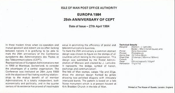 Image 4 of Isle Of Man 1984 Pres Pack - SG 265/266 - 25th Anniv CEPT