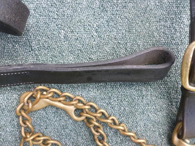 Image 2 of Long Black leather lead with brass chain