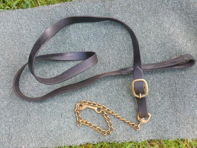 Preview of the first image of Long Black leather lead with brass chain.