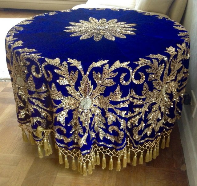 Preview of the first image of Antique-Round-Handmade-Velvet-Beaded Tablecloth Diameter 2.