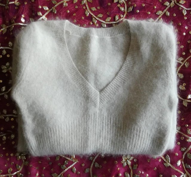 Preview of the first image of USED JANE NORMAN Angora Jumper Taupe Truffle V Neck Knitwear.