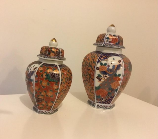 Preview of the first image of NEW PAIR JAPANESE ORIENTAL DECORATIVE CERAMIC SPICE JARS.